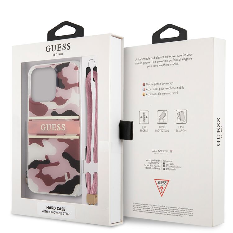 CG MOBILE Guess PC/TPU Case Camo Design & Stripe with Anti-Lost Nylon Strap for iPhone 13 Pro (6.1") Shock Absorption & Drop Protection Suitable with Wireless Chargers Officially Licensed Pink