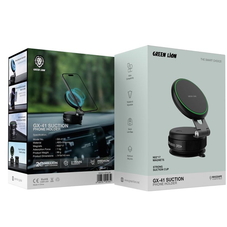Green Lion GX-41 Suction Phone Holder with 1kg Adsorption Force, Magsafe Compatible, Swivel Lock Base, Wide Compatibility, Aluminum Alloy Arm, Foldable & Adjustable - Black 