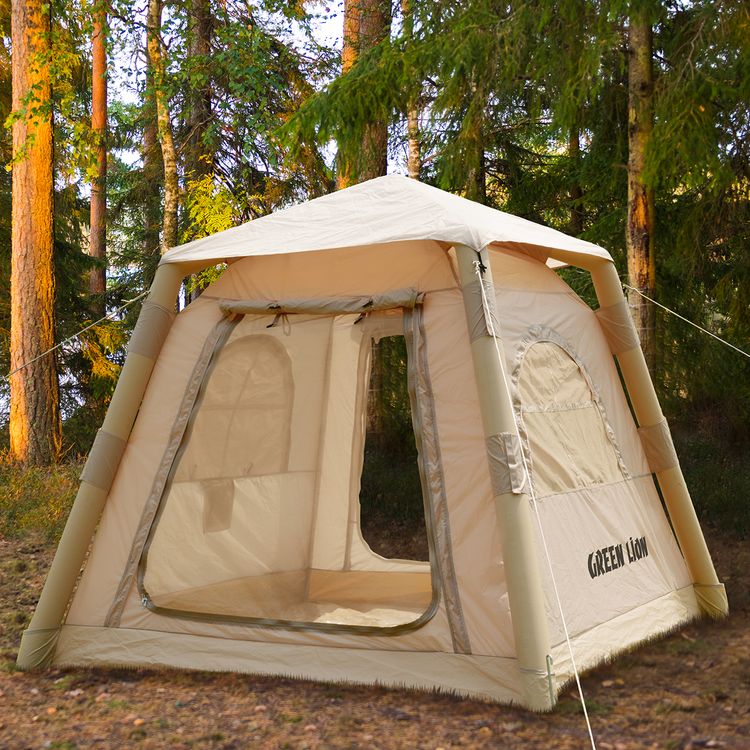 Green Lion GT-3X Inflatable Camping Tent with 2-3 Persons Capacity, Water Resistant, Dual Door Convenience, 1-2 Minutes Inflation Time, Ventilated Mesh, Wind Protection, Tear Resistant - Beige
