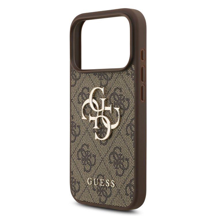 جراب جلد PU لجهاز iPhone 17 Pro Max من Guess مع شعار 4G كبير وشعار كلاسيكي مع حزام للمعصم، حماية من السقوط، تصميم خفيف الوزن، قبضة مريحة، تغليف مستدام، سهل التركيب، تصميم نحيف - بني