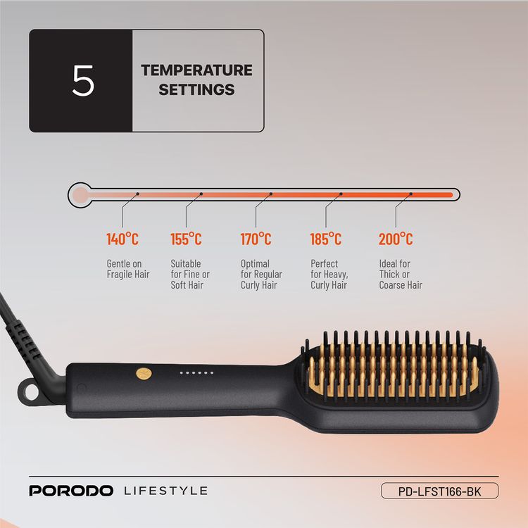 Porodo Lifestyle Electric Heated Hair Straightener Brush with 5 Temperature Settings, 30W Rated Power, 30 Seconds Fast Heating Time, 70% Frizz Reduction, Auto Shut-Off - Black