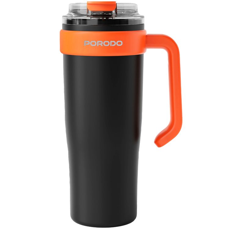 Porodo Lifestyle 6-Blade Portable Blender & Insulated Mug with 900mL Capacity, 18000 RPM Motor Speed, 70W Rated Power, 304 Food-Grade Stainless Steel Material, Keeps Hot & Cold for up to 6 Hours, 2x 1500mAh Battery Capacity, USB-C Charging Interface, Spill-free Lid Design - Black / Orange