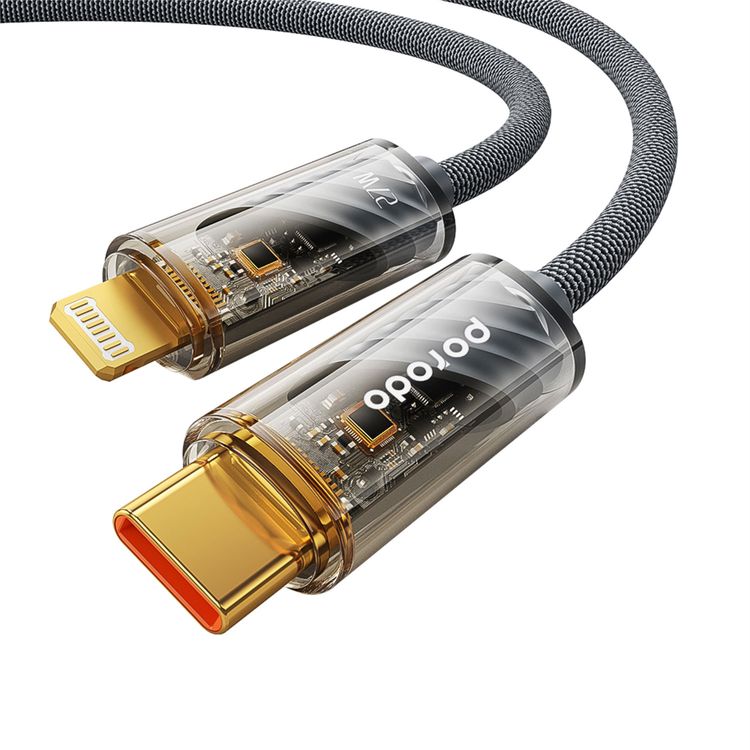 Porodo Braided 1M PD27W USB-C to Lightning Cable With Transparent Head  - Grey