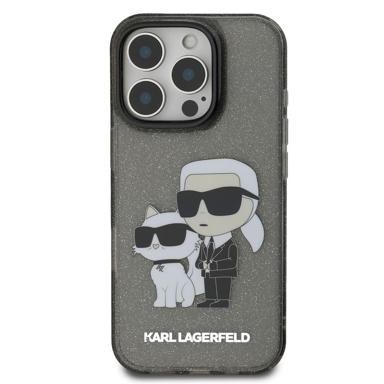 جراب Karl Lagerfeld IML اللامع الصلب مع شعار Karl &amp; Choupette NFT لهاتف iPhone 16 Pro Max، ممتص للصدمات والسقوط، فتحات دقيقة، قبضة مريحة، سهل التركيب - أسود