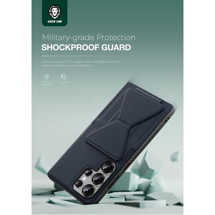 Green Lion Classio Stand Leather Case for Samsung S25 Ultra with Card Holder, Anti-Scratch, Foldable Stand, Comfortable Grip, Drop & Camera Protection - Blue
