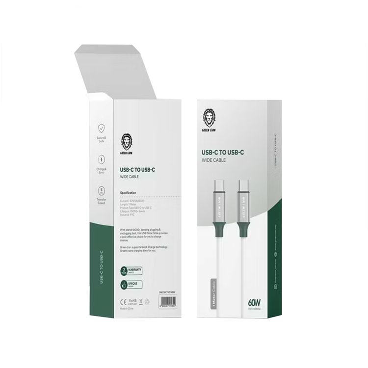 كابل Green Lion PVC USB-C إلى Type-C عريض 1 متر PD 60 وات - أبيض