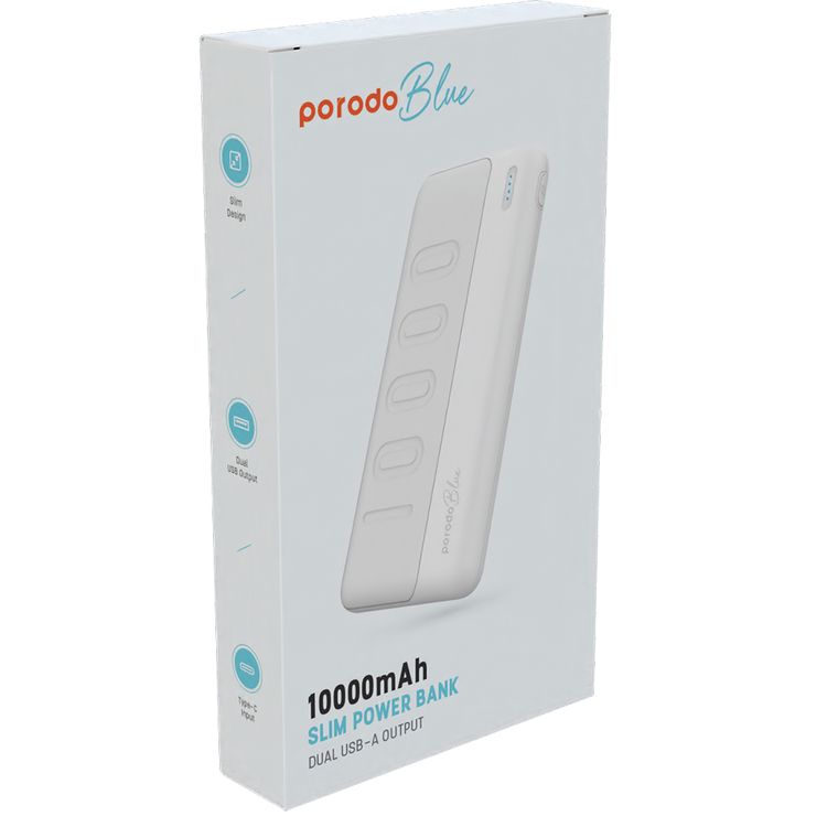 Porodo Blue 10000mAh Slim Power Bank with Dual USB-A Output, Lightweight & Compact Design, Type-C Input, LED Indicator - White