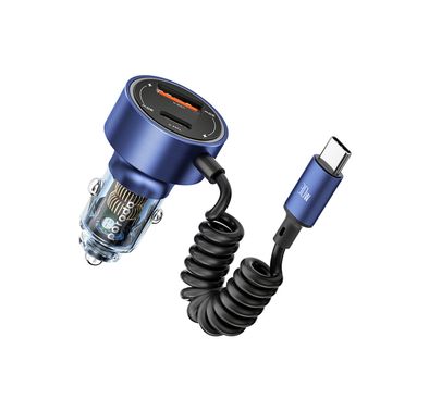 Porodo 60W Transparent Dual Port Car Charger with PD 30W & QC 18W, Integrated Type-C Cable, Aluminum Alloy & PC Material, Universal Compatibility, Simultaneous Charging - Blue