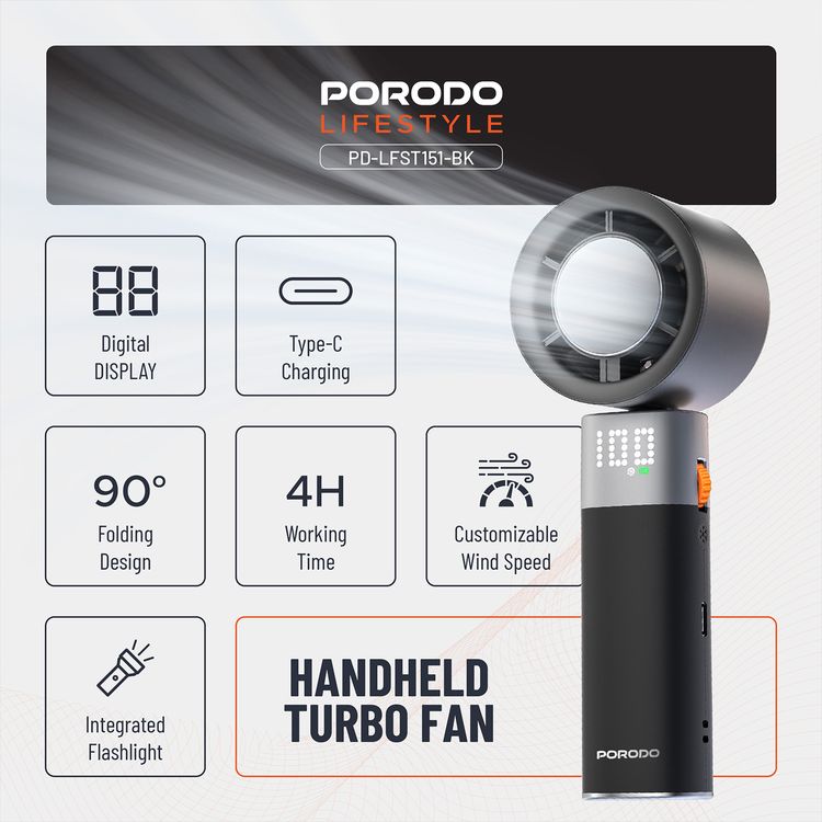 Porodo Lifestyle Handheld Turbo Fan with 100-Level Wind Speed Adjustment, Up to 4 Hours of Working Time, 13000RPM Operating Speed, Integrated Flashlight, 90° Folding Design - Black