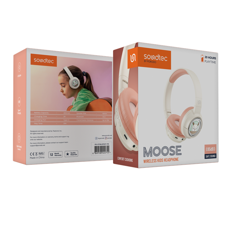 Porodo Soundtec Moose Wireless Kids Headphone, V5.3 Bluetooth, 2H Charging Time, 40mm Speaker Size, 20H Play Time, LED Lights, 400mAh - Pink 