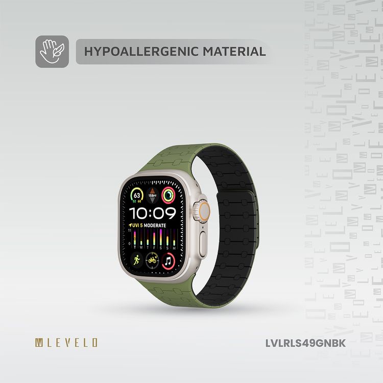 سوار سيليكون Levelo Royallink مزدوج اللون لساعة Apple مقاس 49/46 ملم، مصنوع من مادة مضادة للحساسية، يحتوي على 32 مغناطيس مدمج، مقاوم للماء والعرق، نظام تثبيت مغناطيسي قوي، سهل التركيب - أخضر / أسود.