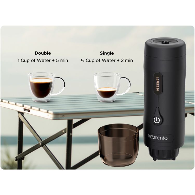 LePresso Momento 2.0 Portable Espresso Coffee Machine, Ground & Nespresso Compatible, 75W Power, 2500 mAh Battery Capacity, 2-3 Hours Re-Charge Time, 4 Single Shots Fully Charged Working Time - Black
