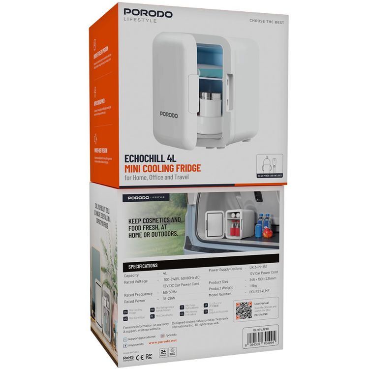 ثلاجة مستحضرات التجميل ميني Ecochill من Porodo Lifestyle بسعة 4 لتر، مصنوعة من مادة PP، بتصنيف طاقة 18-28 واط، تشغيل هادئ جداً، قوة تبريد سريعة - لون أبيض