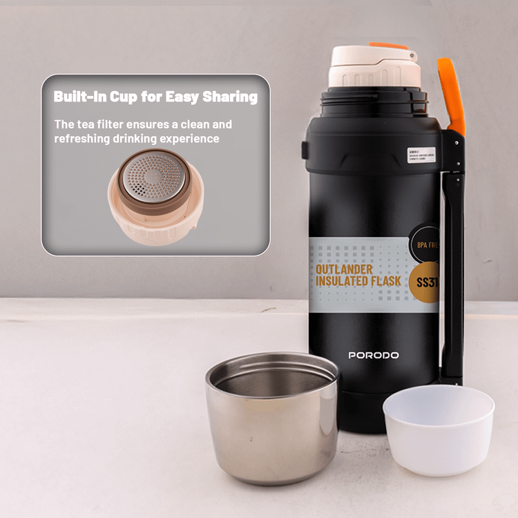 Porodo Lifestyle Outlander Insulation Flask with Triple-Wall Copper Insulated, Leak-Proof Lid, 2L Capacity, Keep Hot & Cold Up to 24 Hours, Food-Grade Stainless Steel - Black