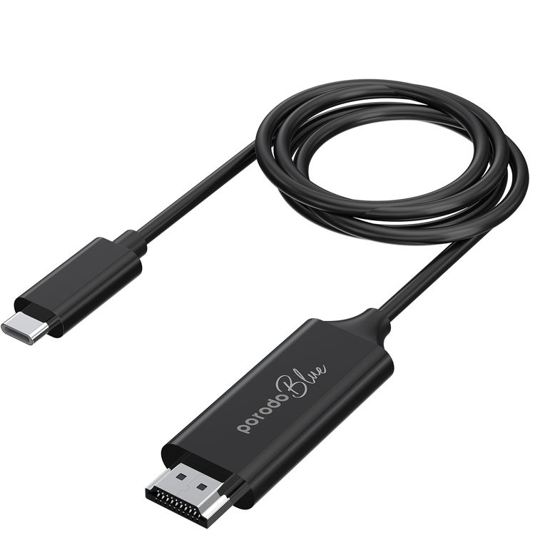 Porodo Blue Type-C to HDMI Ultra HD Cable with 2m Length, High-grade Copper Material, Highest Quality Video, Plug & Play - Black