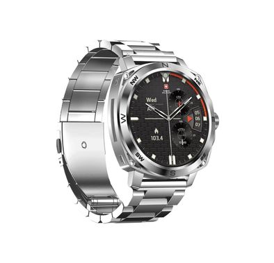 ساعة ذكية Swiss Military DOM4، شاشة AMOLED مقاس 1.43 بوصة، بوصلة مدمجة، اتصال بلوتوث، اكتشاف التمرين - فضية مع حزام من الفولاذ المقاوم للصدأ 