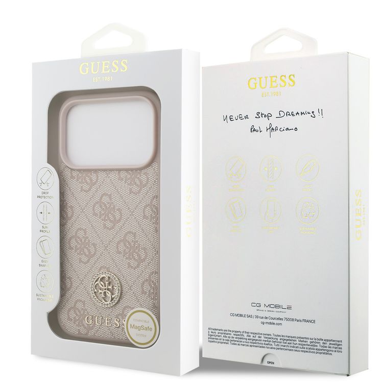 جراب جلدي PU لجهاز iPhone 17 Pro Max مع تصميم MagSafe 4G وشعار كلاسيكي ومرصع بالأحجار من Guess، تصميم خفيف الوزن، حماية من السقوط، سهل التركيب، نحيف، تغليف مستدام، قبضة مريحة - وردي