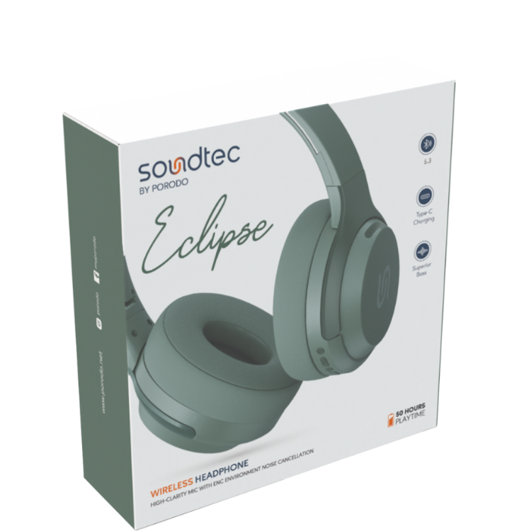 Porodo Soundtec Eclipse Wireless Over-Ear Headphones, High-Clarity Mic with ENC, 50 Hours Playtime, 400mAh Battery, Multi Function Buttons, Type C Charging, Compatible with All Phones for Enhanced Music and Calls - Green