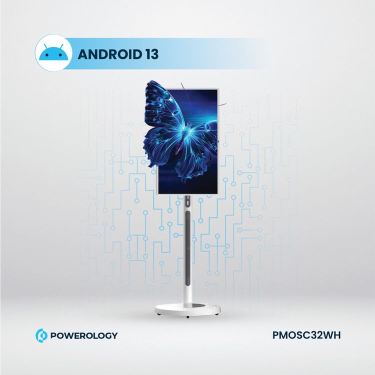 Powerology 32" Android Smart Screen with 1080P Full HD Resolution, 15000mAh Battery Capacity, Built-in Battery, 13MP Camera, 128GB Internal Storage - White 