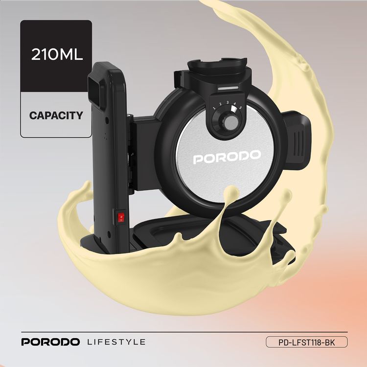 Porodo Vertical Waffle Maker with 5 Heat Levels, 210ml Capacity, 800W Power, Up to 5:30 Minutes Waffle Making Time, Non-Stick Plate, Batter Tray - Black