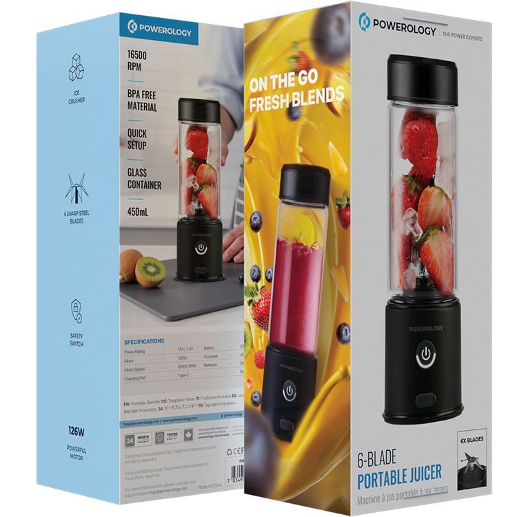 Powerology 6-Blade Portable Juicer with 450ml Capacity, Safety Switch, 126W Motor, Glass Container, USB-C Charging Port, 16500 RPM Speed, Ice Crusher, Stainless Steel Blades - Black