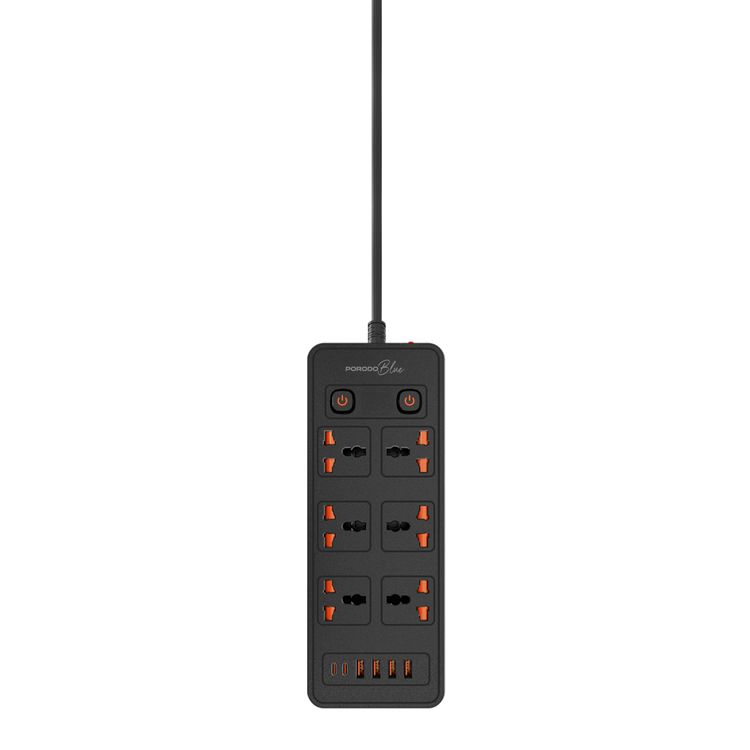 Porodo 6AC-Dual Switch Universal Power Strip with Premium Material, Power Switch Control, Safety Shutter, 13A Maximum Current - Black  