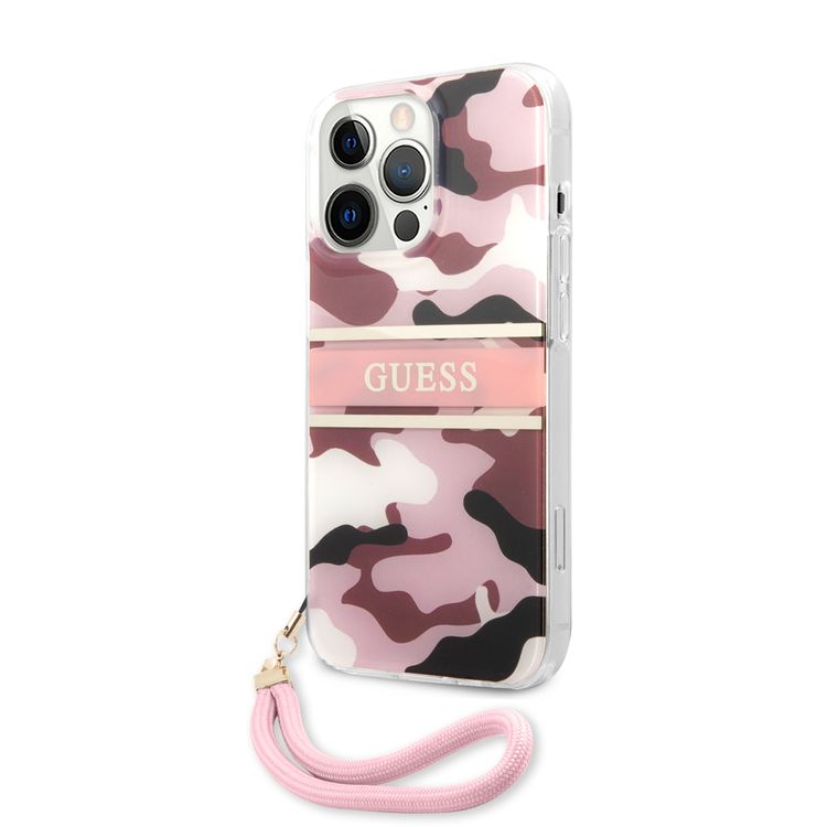 CG MOBILE Guess PC/TPU Case Camo Design & Stripe with Anti-Lost Nylon Strap for iPhone 13 Pro (6.1") Shock Absorption & Drop Protection Suitable with Wireless Chargers Officially Licensed Pink