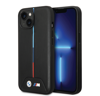 BMW M Collection Quilted PU Case with Hot Stamped Tricolor Stripe and Printed Logo iPhone 14 Compatibility - Black