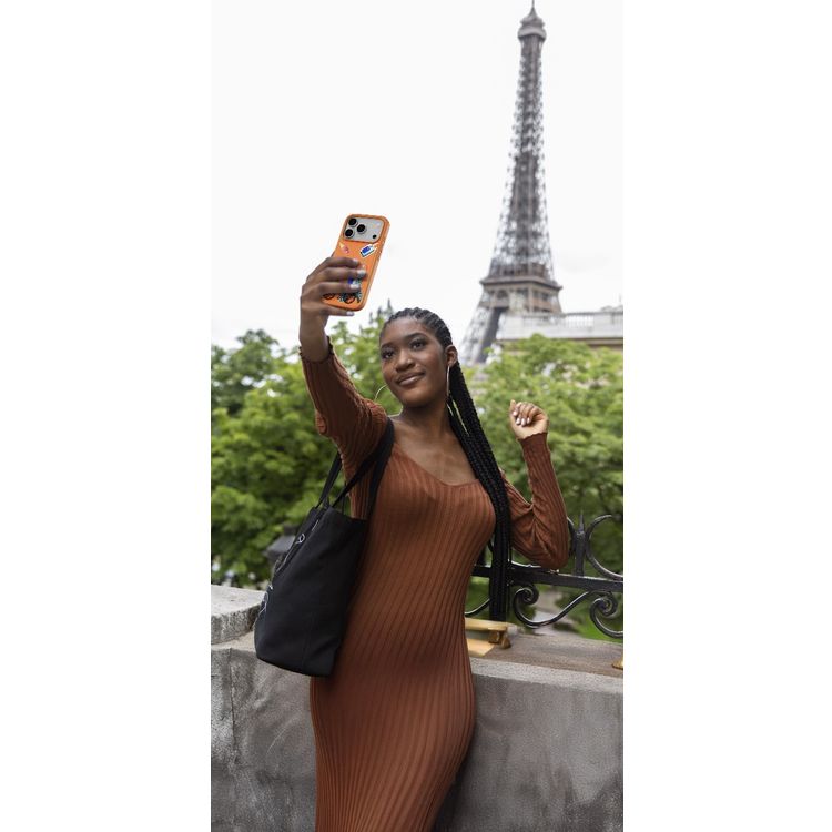 Levelo Vallo PU Leather Case for iPhone 17 Pro Max with Embroidery Paris Finish, Comfortable Hold, Durable PU Leather, Raised Bezels for Camera and Screen, True Microfiber Interior Lining, Scratch & Wear Resistant, Shock-Resistant Bumper - Sunrise Orange