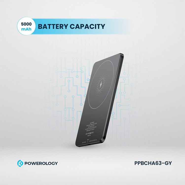 Powerology Ultra-Thin 5000mAh MagSafe Power Bank, Portable & Lightweight, Efficient Heat Dissipation, Aluminum Housing, Built-In Safeguards, Strong Magnet - Gray