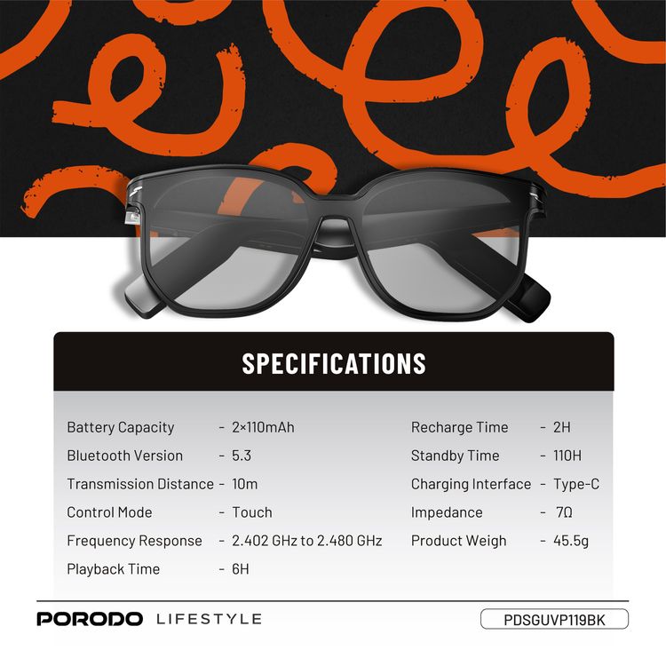Porodo Lifestyle Optix Smart Glasses with Audio, Built-in Microphone, 6 Hours Playtime, Type-C Charging Interface, UV400 Protection, Bluetooth Version 5.3, 10m Transmission Range, 2x 110mAh Battery Capacity, Touch Control, Dual Stereo Speakers, Hi-Fi Sound Quality - Black