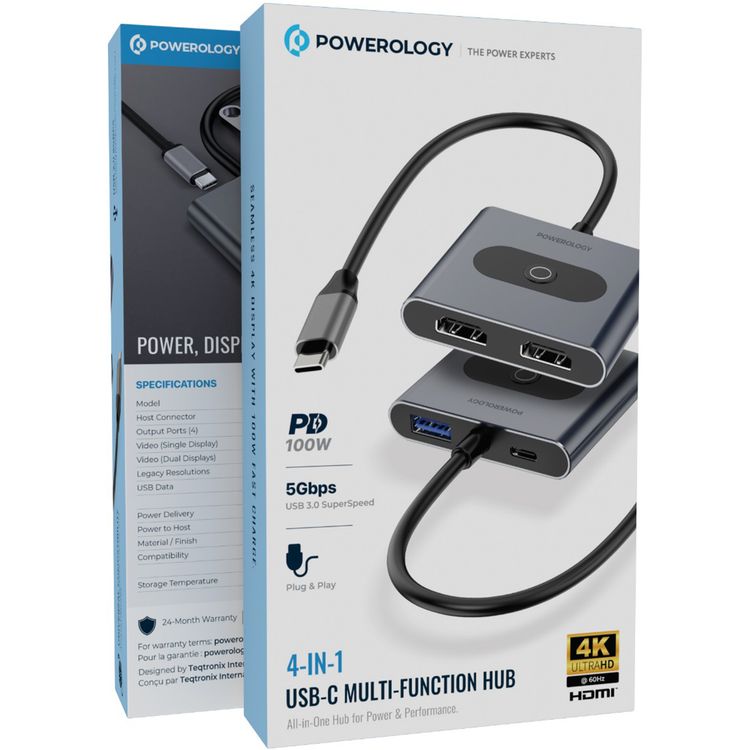 Powerology 4-in-1 USB-C Multi-Function Hub, Aluminum-Alloy Shell, Compatible with Windows 10/11, macOS 10.10+, Android 6.0+ with USB-C DP Alt Mode, 100W Power Delivery, Plug & Play, Portable Design - Gray