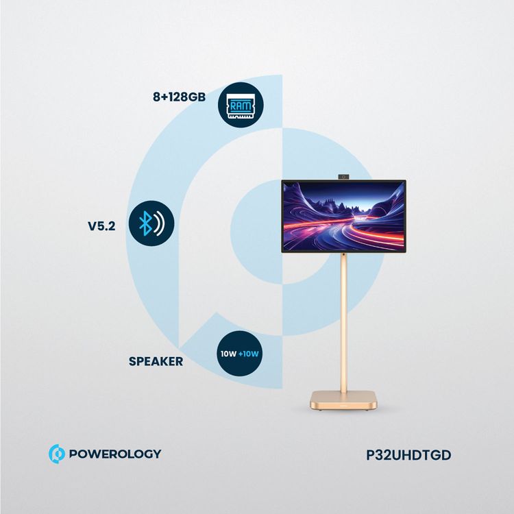 Powerology 32" Google 4K Screen with 4K Camera, 8GB RAM, 128GB Memory, 9800mAh Battery, 16.7M Colors, Android 13, 4 Hours Working Time, Dual 10W Speakers, 2.5 Hours Charging Time - Gold