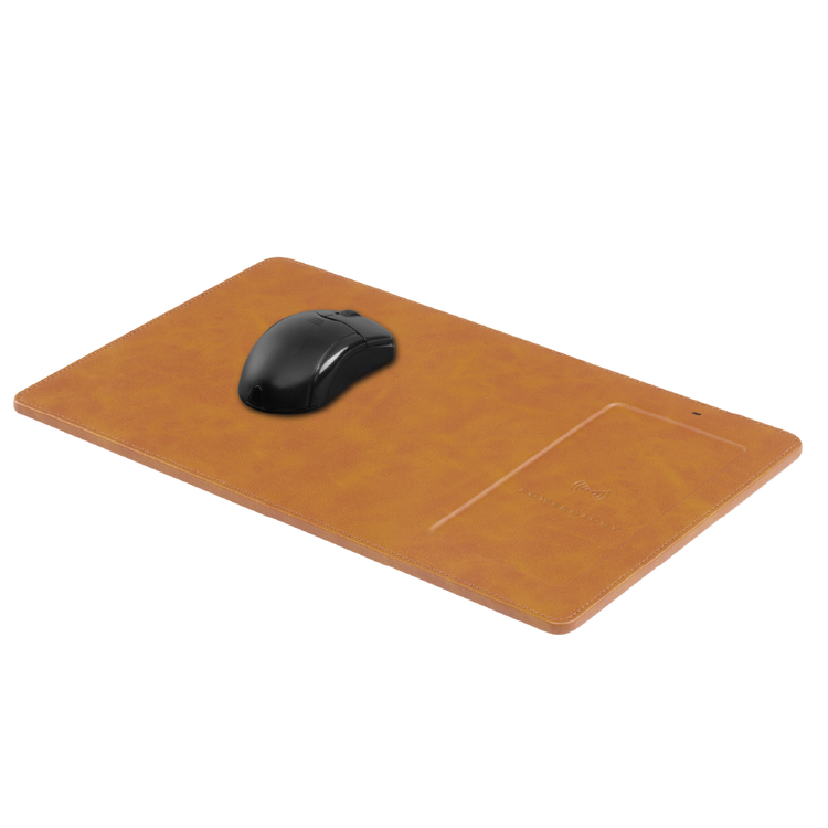 Powerology PU Leather Qi Wireless Charging Mouse Pad 10W, Case-Friendly, Fast Wireless Charging Mouse Mat Compatible for 12/12 Pro/12 Pro Max/11/11 Pro/11 Pro Max, Samsung Galaxy S10/S9/S8/Note 10 - Cognac