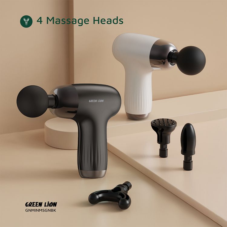 Green Lion Mini Massage Gun with 4 Massage Heads & 6 Speed Levels, ABS Material, Up to 2 Hours Working Time, Auto Shut-Off Function, 1200-3200 RPM Range, 24W Power, Brushed Motor, 1200mAh Battery - Black