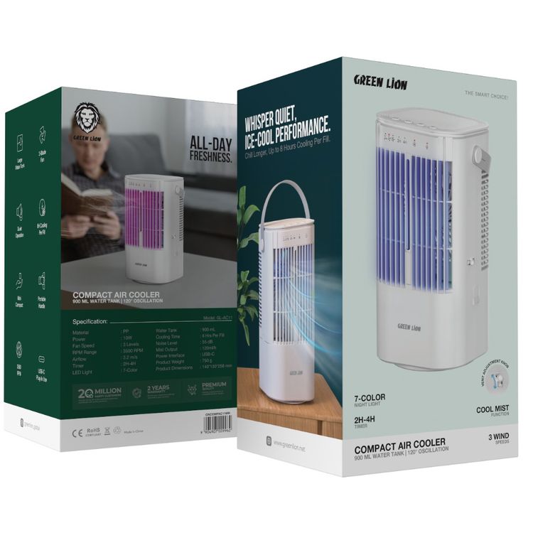 Green Lion Compact Air Cooler Fan with Large Water Tank, Quiet Operation, Portable Handle, Mini Compact, Cool Mist Function, 3500 RPM Range - White