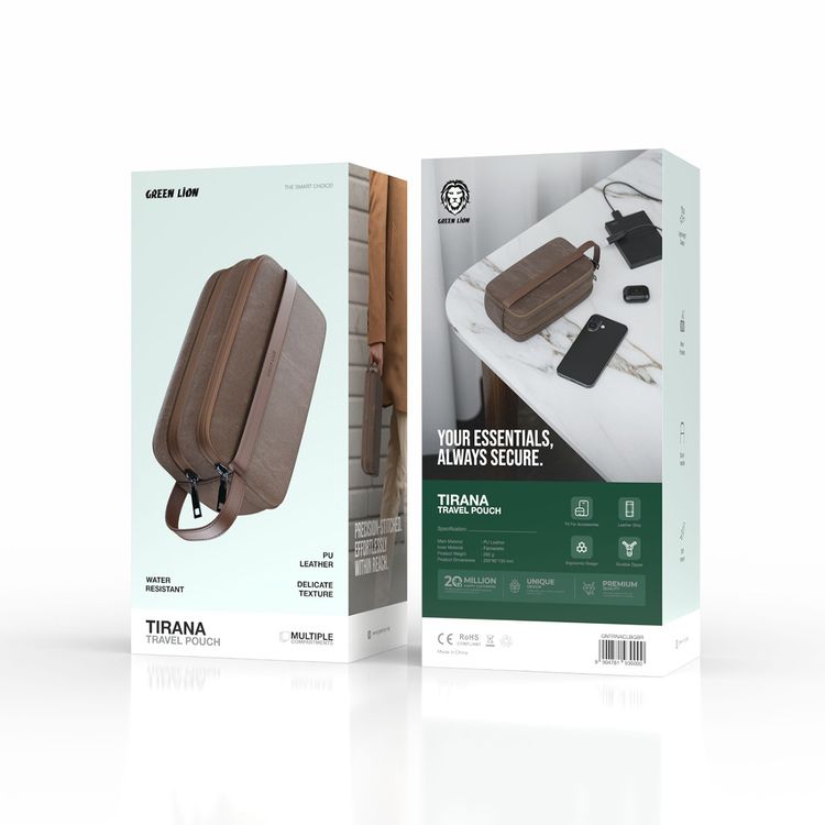 Green Lion Tirana Travel Pouch with Leather Strip & Durable Zippers, Multiple Compartments, PU Leather Material & Flannelette Inner Material, Ergonomic Design & Fit for Accessories - Brown