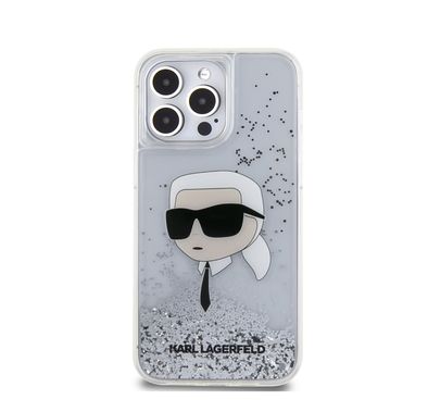 KARL LAGERFELD Liquid Glitter Hard Case with NFT Karl Head for iPhone 16 Pro Max, Slim Profile, Drop Protection - Clear 