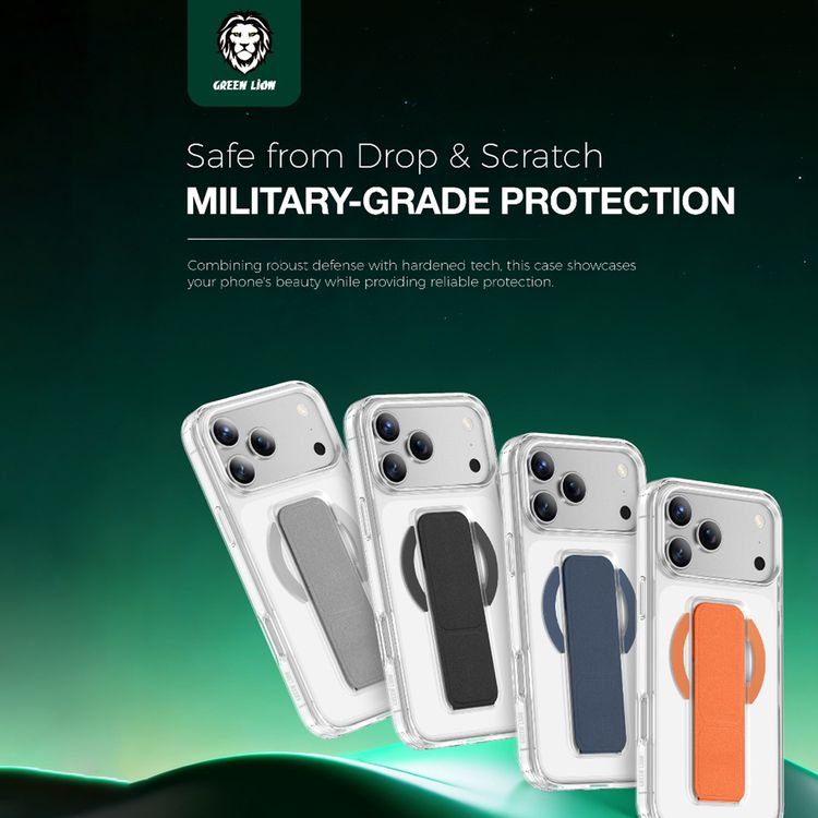 Green Lion MagSafe Leather Grip Case for iPhone 17 Pro, Crystal Clear, Scratch Resistance, Leather Grip Strap, Strong Magnets, Military Grade Protection - Black Titanium