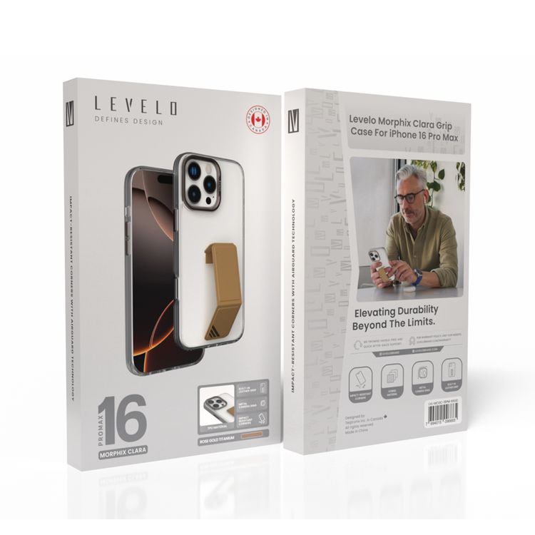 Levelo Morphix Clara Case for iPhone 16 Pro Max, Hybrid Material, Impact-Resistant Corners, Built-in Leather Grip, Metal Camera Ring - Rose Gold Titanium