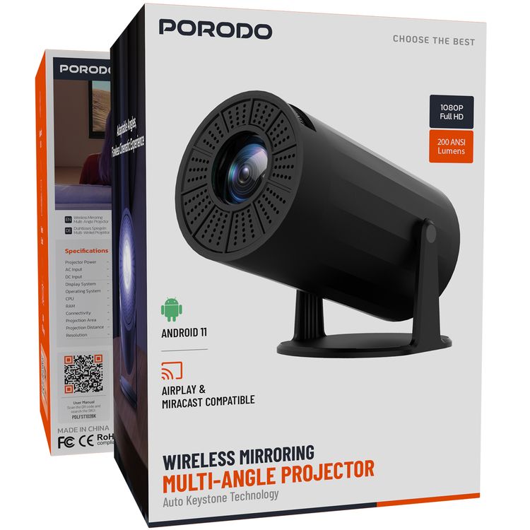 بروجكتور بورودو اللاسلكي متعدد الزوايا مع تقنية ضبط المفاتيح التلقائي، شاشة LCD بحجم 2.69 بوصة، نظام تشغيل أندرويد 11.0، مصباح LED بقوة 50 واط، جهاز تحكم عن بعد، إصدار بلوتوث 5.0 - أسود