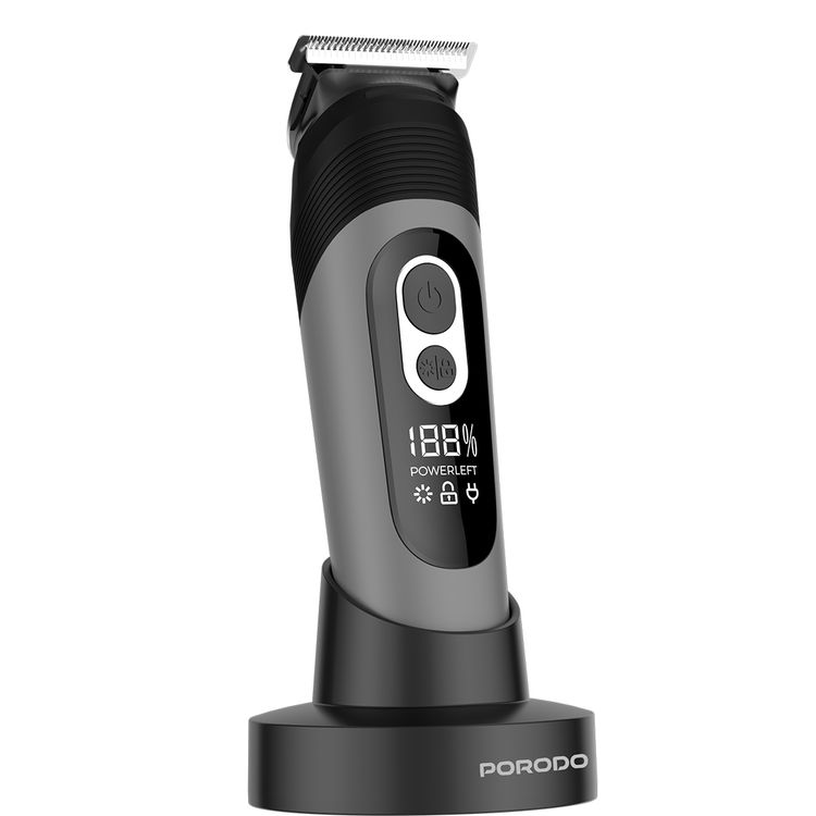 Porodo Lifestyle T-Blade Full-Body Grooming Kit with Metal Curved Blade, 90 Minutes Working Time, 600mAh Battery, USB-C Charging Port, Base, 2, 3, 6 & 9 mm Combs Included, 5W Rated Power, Wet & Dry Shaving - Black