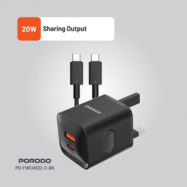 شاحن حائط ثنائي المنفذ من Porodo في المملكة المتحدة مع كابل USB-C إلى USB-C، PD 20 وات، QC 20 وات، حماية من الحرارة الزائدة، طول الكابل 1.2