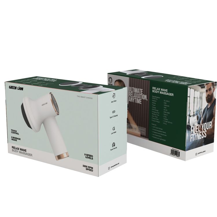 Green Lion Relax Wave Body Massager with 8 Interchangeable Heads, Up to 2 Hours Working Time, 1800mAh Battery Capacity, 9 Adjustable Speeds, Type-C Charging Port - White