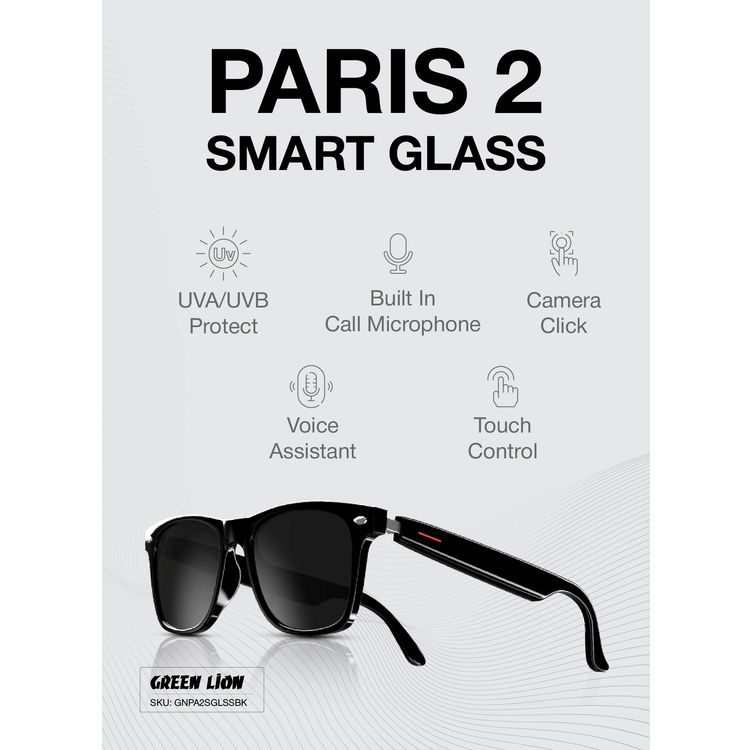 Green Lion Paris 2 Smart Glass with 4-6 Hours Working Time, Bluetooth Version 5.3, 80mAh Battery Capacity, 15m Bluetooth Range, 180 Hours Standby Time, Magnetic Charger, 1.5 Hours Charging Time, Built-in Microphone, UVA & UVB Protection, Touch Control - Black