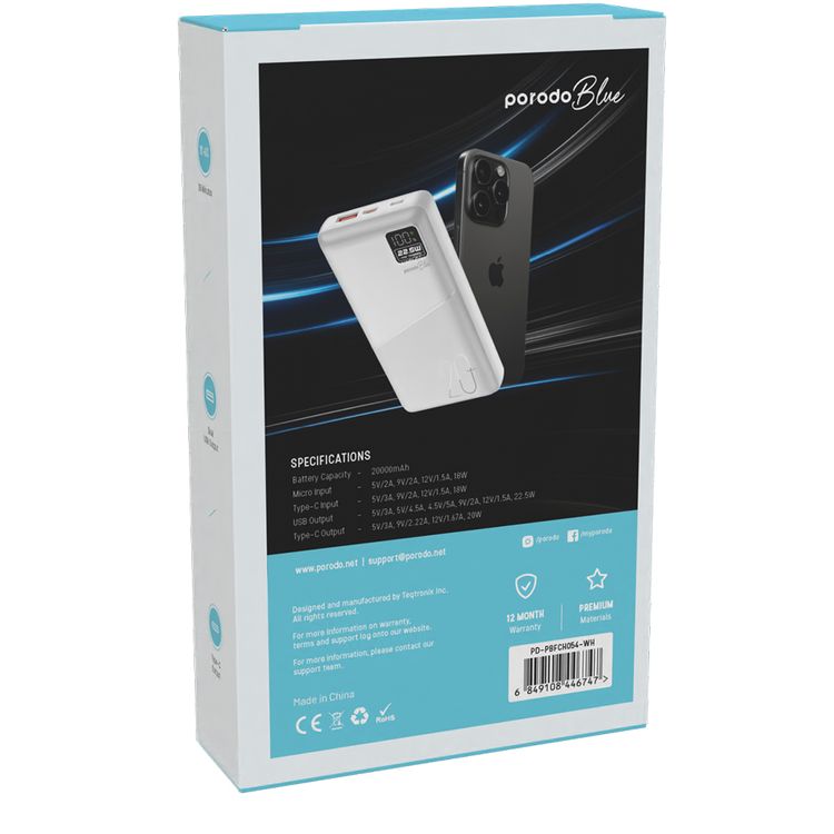 باوردو بلو باور بانك للشحن السريع مع مخرج USB-A وUSB-C، سعة بطارية 20000 مللي أمبير في الساعة، شاشة رقمية، توصيل طاقة 20 وات - أبيض