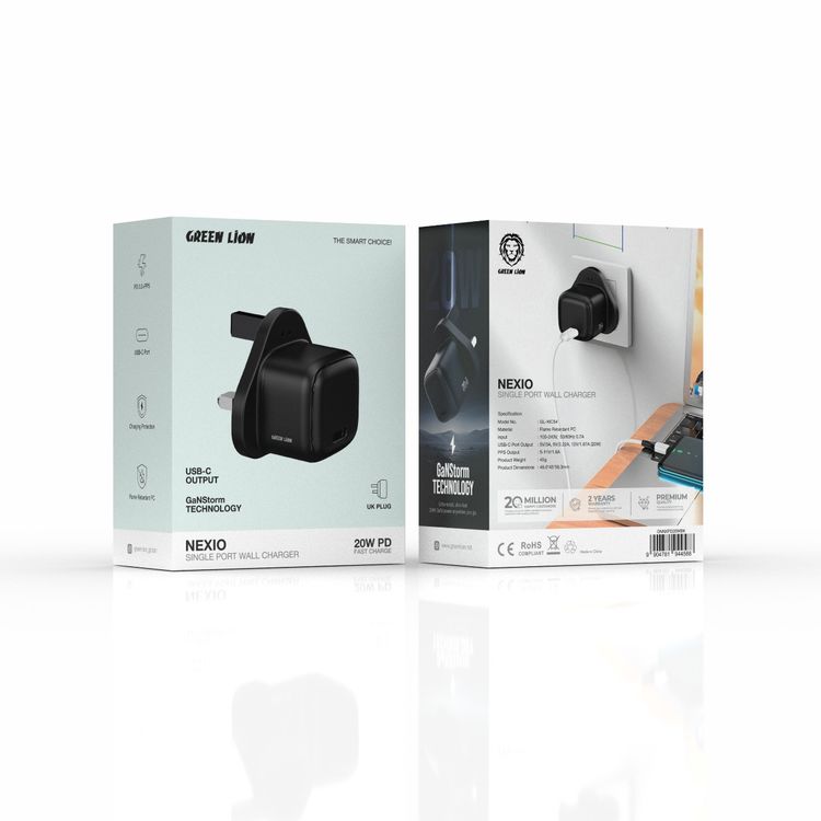 Green Lion NEXIO Single Port Wall Charger with UK Plug, 20W Power Delivery, Charging Protection, Flame Retardant PC Material - Black