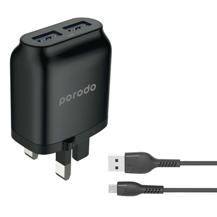 Porodo Main Charger, Dual USB Wall Charger 2.4A with Improved Version PVC Micro USB Cable 1.2m Compatible for Micro Devices, UK 3pin Plug, Over-heat Protection - Black