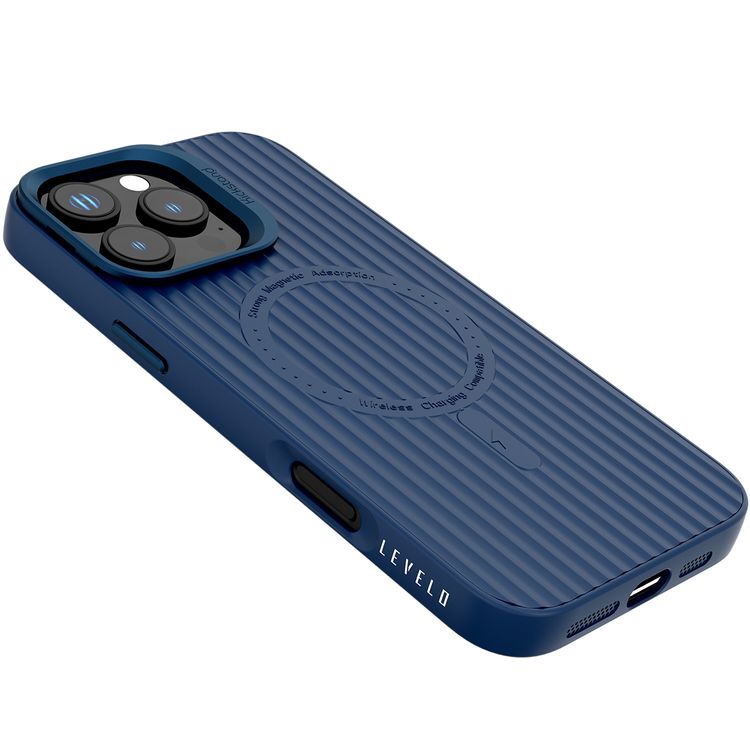 Levelo Livia Case for iPhone 16 Pro with MagSafe Compatibility, Impact-Resistant Corners, Built-in Kickstand, TPU with Silicone Surface, Metal Camera Ring - Blue