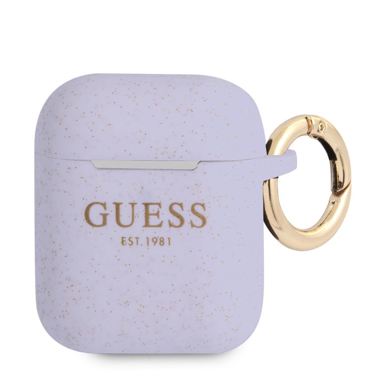 CG MOBILE Guess Silicone Glitter Case with Anti-Lost Ring Compatible for AirPods 1/2, Scratch Resistant, Shock Absorption & Drop Protection Cover Officially Licensed - Purple